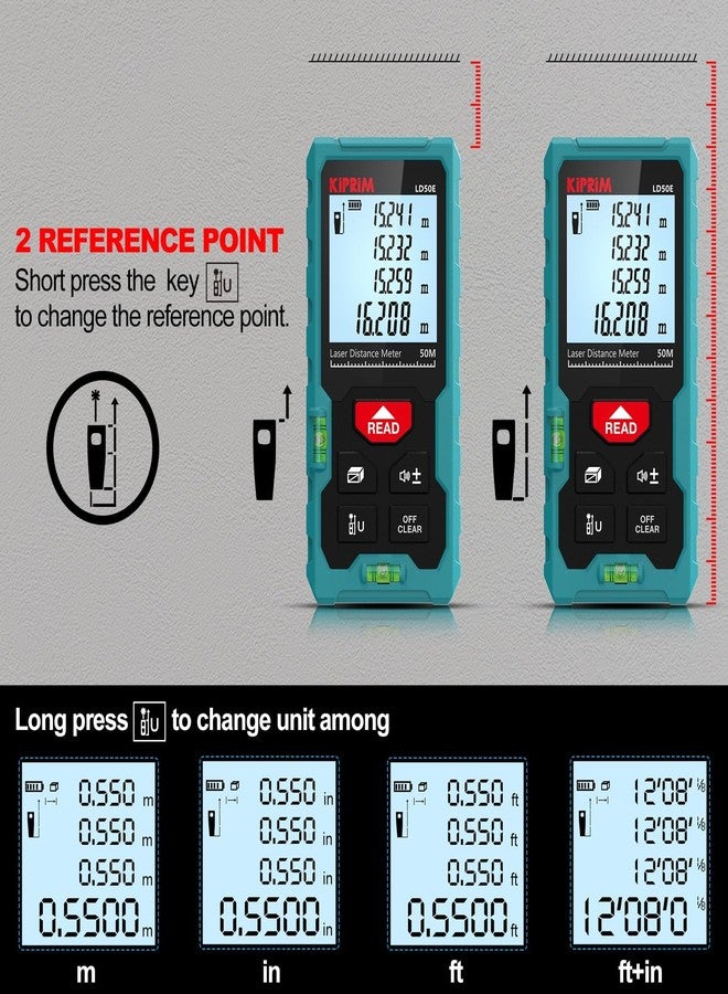 Kiprim Laser Distance Measure High Accuracy 165ft Kiprim LD50E Laser Tape Measure 50M Compact Laser Measurement Tool with Larger Backlit LCD Display,ft/m/in Switching,Bubble Level (No Batteries) - Image 3